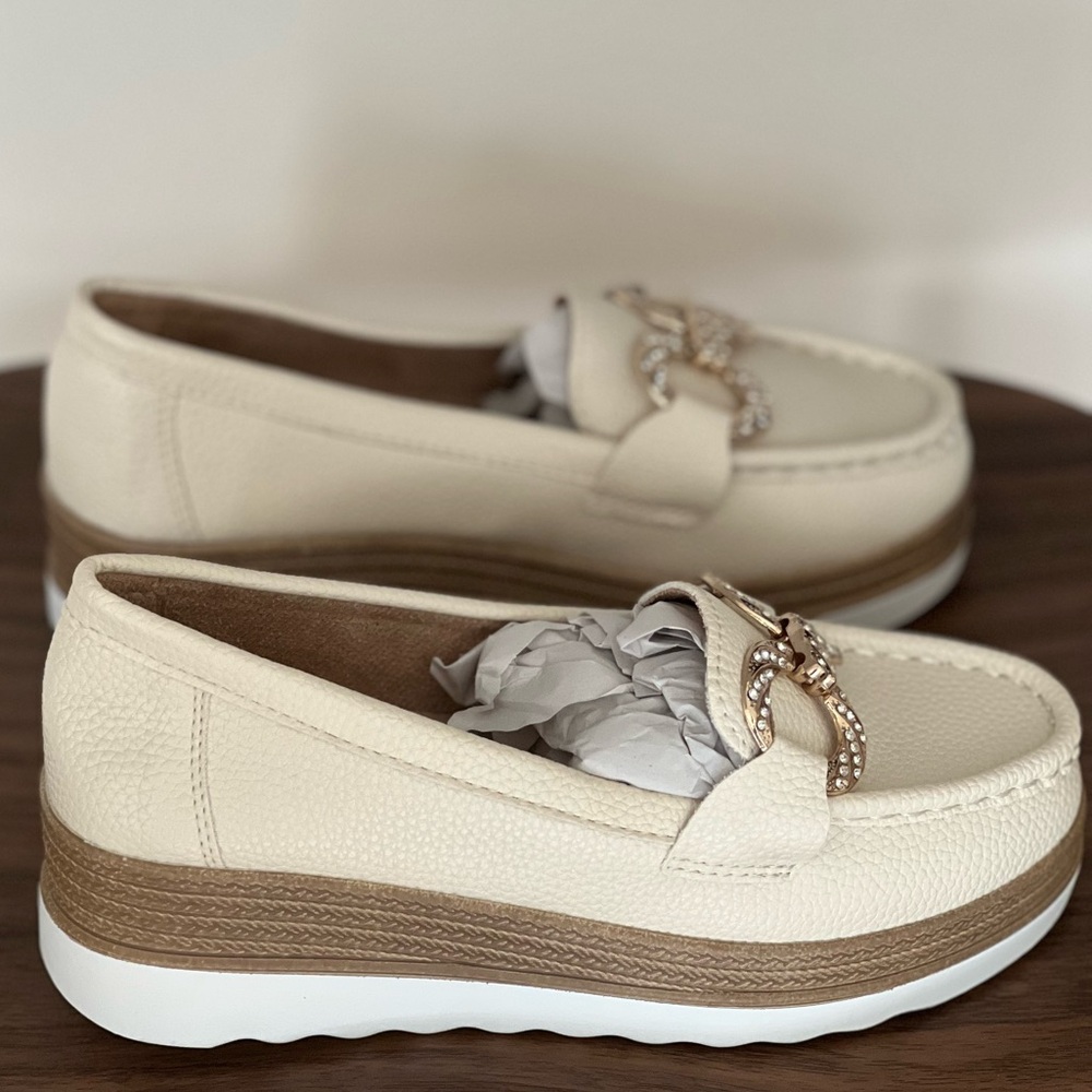 Cream Loafers Gold Beige Comfy Buckle Wedge Espadrille Casual Boat Walking Shoe - Picture 3 of 8